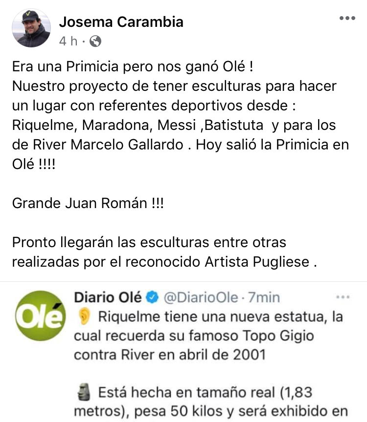 Carambia chapeó con la primicia de OLÉ y la estatua de Riquelme en Las Heras y luego el rechazo fue unánime