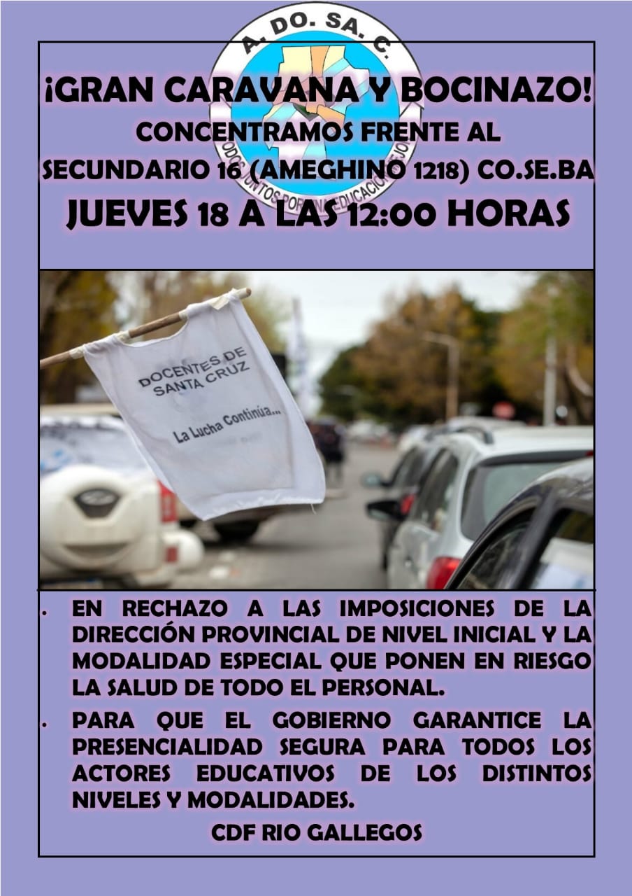 BOCINAZO en la capital este jueves en rechazo a disposiciones del CPE y pedido al Gobierno por garantías seguras para la presencialidad