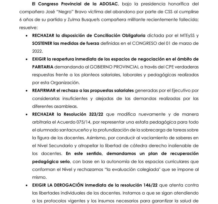 ADOSAC rechazó conciliación obligatoria, ratificó el paro y exige continuar negociación salarial