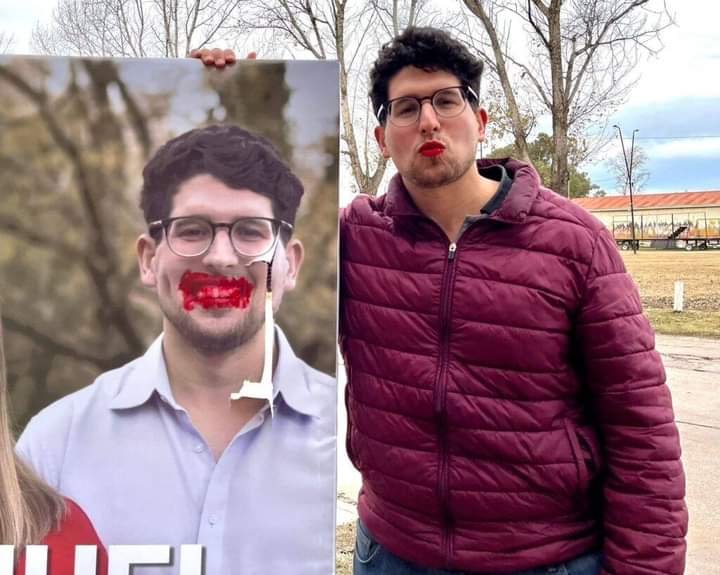 Un intendente se pintó los labios para responder a la vandalización de sus carteles