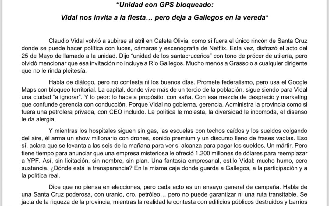 Fuerte comunicado del Consejo Local PJ contra Claudio Vidal