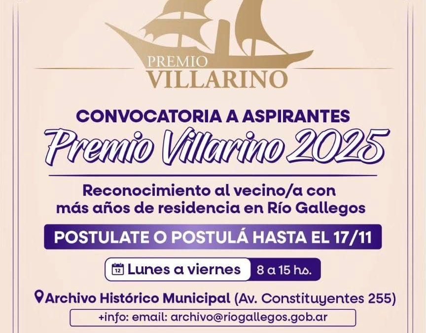 PREMIO VILLARINO 2025: El Municipio de Río Gallegos abre la convocatoria para reconocer a sus pioneros