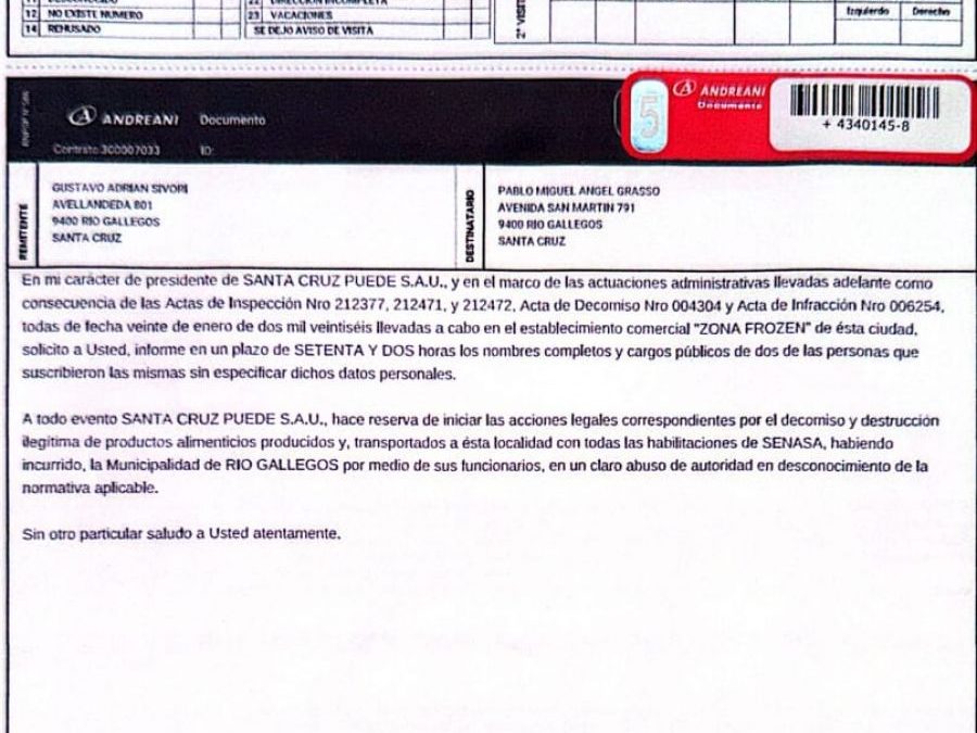 Santa Cruz Puede SAU envió carta documento al Municipio de Río Gallegos y exige identificar a funcionarios del decomiso en Frozen