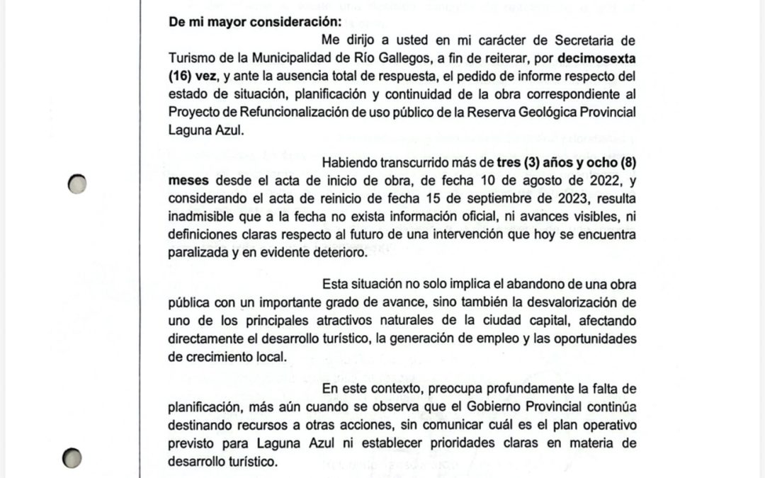 Municipio reiteró el pedido al Consejo Agrario por la paralización de la obra en la Laguna Azul
