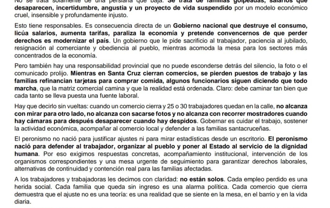PJ RÍO GALLEGOS: “Cuando cierran comercios, se golpea a las familias trabajadoras”
